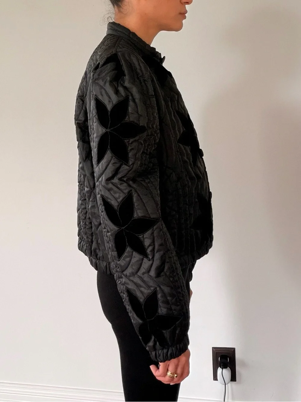 Free People Black Quilted Velvet Floral Bomber Jacket - Picture 2 of 5